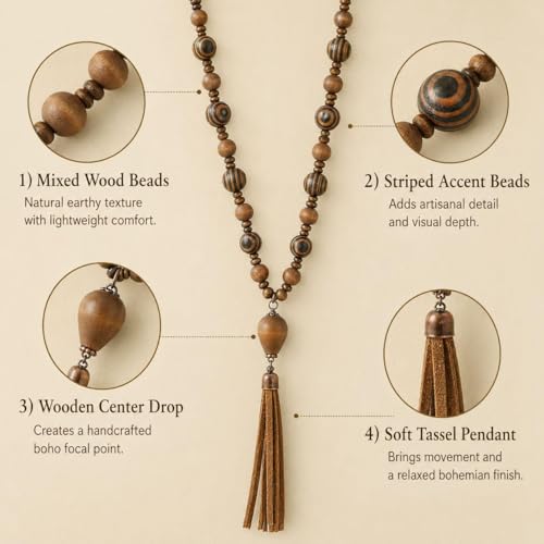 Wood Bead Heart Necklace for Women Amber Color Resin Heart Pendant Natural Wooden Beaded Necklace Boho Long Vacation Jewelry Gift - color: A1:brown wooden necklace