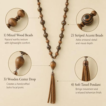 Wood Bead Heart Necklace for Women Amber Color Resin Heart Pendant Natural Wooden Beaded Necklace Boho Long Vacation Jewelry Gift - color: A1:brown wooden necklace
