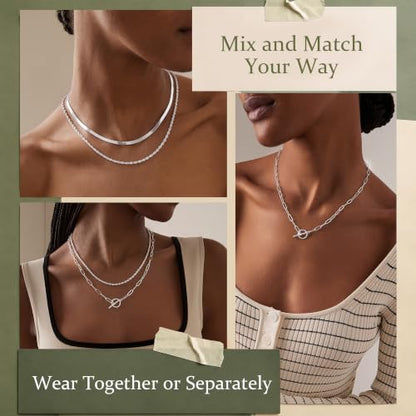 Freekiss 3-Piece Layered Toggle Necklace for Women | Gold/Silver necklace set with herringbone, rope, and paperclip chains plus a toggle clasp for layering, parties, and gifts - color: 3-Piece Paperclip Silver
