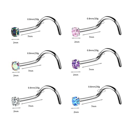 BelezaDosas 6pcs G23 Titanium Nose Studs 18G 20G Screw Nose Ring Press Fit 2mm 2.5mm 3mm Piercing Jewelry for Sensitive Skin - style: 20G 2.0mm Claw CZ 6PCS