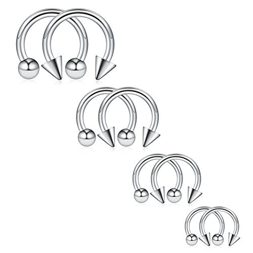 8PCS 12G Surgical Steel Nose Septum Horseshoe Hoop Earring Eyebrow Tragus Lip Piercing Ring Balls & Spikes 10-16mm - color: 8PCS - Silver