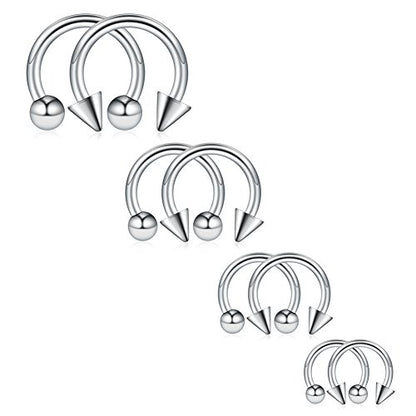 8PCS 12G Surgical Steel Nose Septum Horseshoe Hoop Earring Eyebrow Tragus Lip Piercing Ring Balls & Spikes 10-16mm - color: 8PCS - Silver