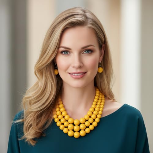 Fashion 21 Women's Faux Pearl Three Multi-Strand Statement Necklace and Earrings Set - color: Yellow