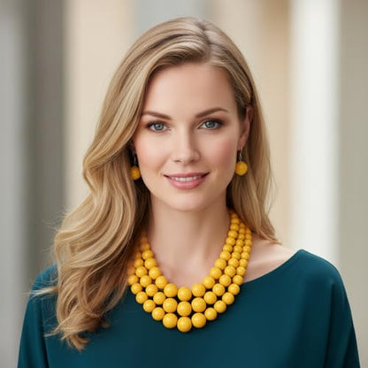 Fashion 21 Women's Faux Pearl Three Multi-Strand Statement Necklace and Earrings Set - color: Yellow