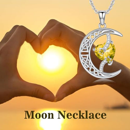 TOUPOP Moon and Star Birthstone Necklace for Women 925 Sterling Silver Celtic Moon Jewelry Birthday Mothers Day Gifts for Mom Wife Her - color: 11-November-Citrine