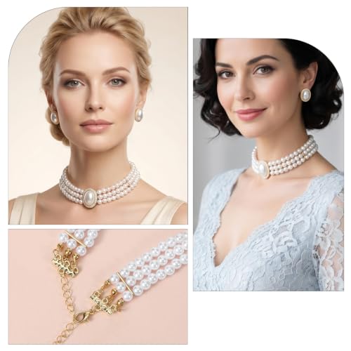 Hecila Pearl Choker Necklace Pearl Earring Set for Women Boho 3 Tier Vintage Chokers