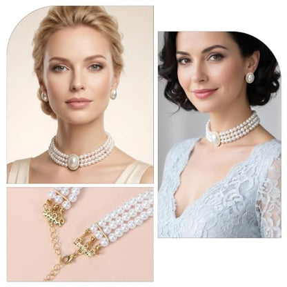 Hecila Pearl Choker Necklace Pearl Earring Set for Women Boho 3 Tier Vintage Chokers