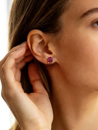 FindChic 2 Carat Birthstone Stud Earrings for Women, Round/Heart/Princess Cut Stud Earrings, Hypoallergenic Studs with 925 Sterling Silver Posts, 12 Months Birthday Jewelry Gift - color: 07. July-Ruby(Princess Cut)