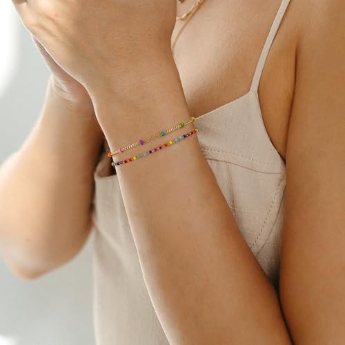 Gold Chain Bracelet for Women, 14K Gold Plated | Dainty Bracelets with Adjustable Chain, Trendy Jewelry Gift for Women - style: layer colorful