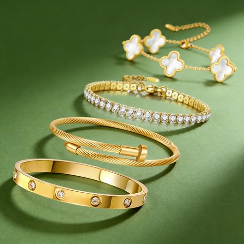 Gold Bracelets for Women, 18K Gold Plated Women Tennis Bracelets Clover Nail Love Bangle Bracelet Set, Gold Bracelet Stackable Set Trendy Jewelry, Gifts for Women's Day and Mother's Day - color: 09-Color- 4 White