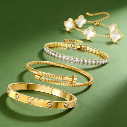 Gold Bracelets for Women, 18K Gold Plated Women Tennis Bracelets Clover Nail Love Bangle Bracelet Set, Gold Bracelet Stackable Set Trendy Jewelry, Gifts for Women's Day and Mother's Day - color: 09-Color- 4 White