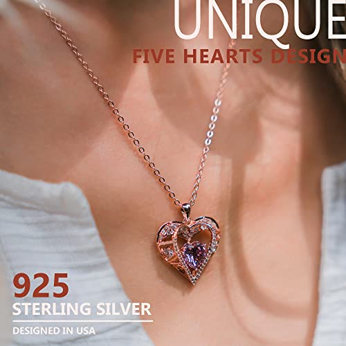 5 Heart I Love You Necklace for Women, Birthstone Crystal Pendant, Birthday Gift for Her, Wife, Mom, Rose Gold or Gunmetal Plated, 925 Sterling Silver Chain 18"+2" - color: 06-June-Alexandrite Light Purple-Rose Gold Plated