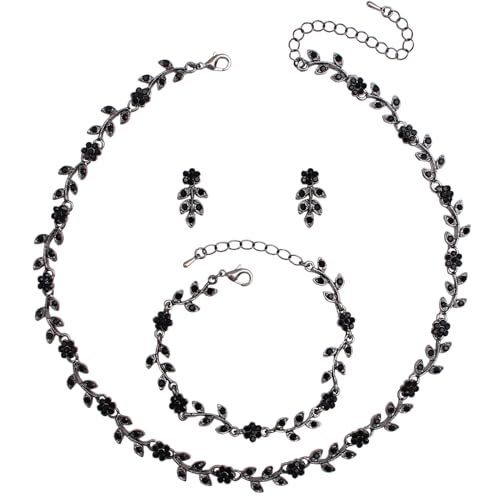 Austrian Crystal Rhinestone Choker Necklace Dangle Earring Link Bracelet Jewelry Set for Brides Bridesmaid Prom Costume Accessories for Women - color: Black-Gunmetal