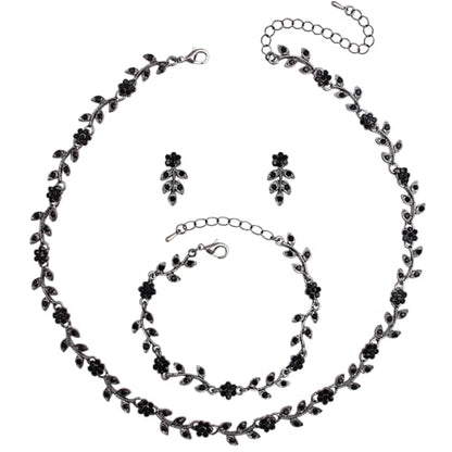 Austrian Crystal Rhinestone Choker Necklace Dangle Earring Link Bracelet Jewelry Set for Brides Bridesmaid Prom Costume Accessories for Women - color: Black-Gunmetal