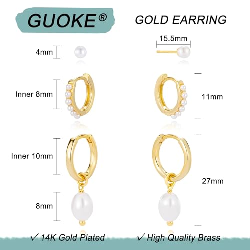 3 Pairs Earring Stacks, Gold Earring Set Jewelry Gift for Women | Small, 14K Gold/White Gold/Black/Rose Gold Plated, Hypoallergenic, Her, Everday, Stackable, Simple, 3 Holes - color: Gold-Pearl