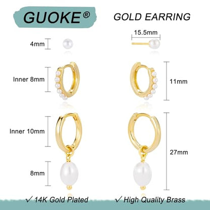 3 Pairs Earring Stacks, Gold Earring Set Jewelry Gift for Women | Small, 14K Gold/White Gold/Black/Rose Gold Plated, Hypoallergenic, Her, Everday, Stackable, Simple, 3 Holes - color: Gold-Pearl