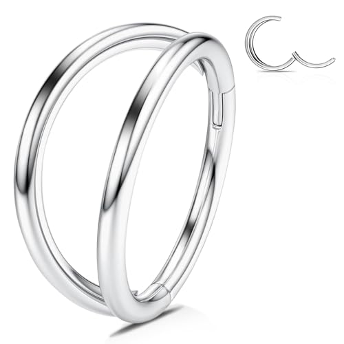 WBRWP 316L Stainless Steel Nose Hoop Rings Clicker with Zircon/Opal 14g-20g | Hypoallergenic Nose Rings Segment Clicker Lip Rings Cartilage Rook Conch Earrings Diameter 5mm-10mm - color: Double hoop silver ring