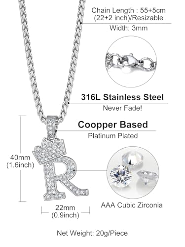 Richsteel Silver Crown Initial A-Z Letter Pendant Necklace for Men Women | Cubic Zirconia Monogram, 316L Steel Chain, 22" + 2" Extender,Hypoallergenic,Gift Box, Hip Hop Jewelry - style: R