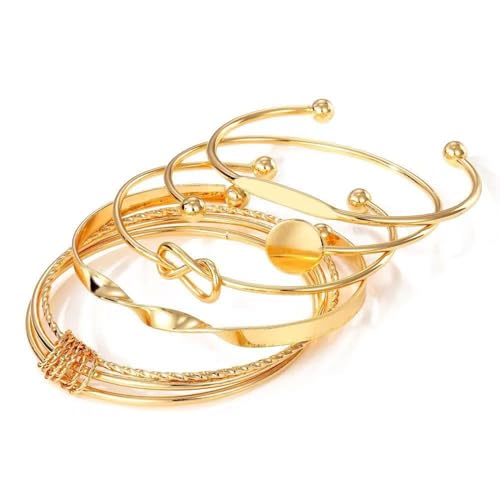 Rrdaily 14k Gold Plated Bangle Bracelet Set for Women,Silver Stackable Multi-Layer Circle Charm Bracelet,Trendy Simple Layered Non Tarnish Cuff Bracelet - color: Gold
