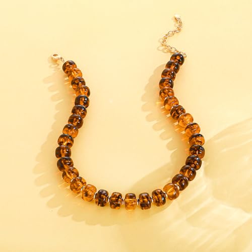 Beaded necklace for Women Boho Bead Gemstone Chunky Necklace Big Bead Necklace Fashion Trendy Summer Necklaces Jewelry Gifts - color: Amber Beaded
