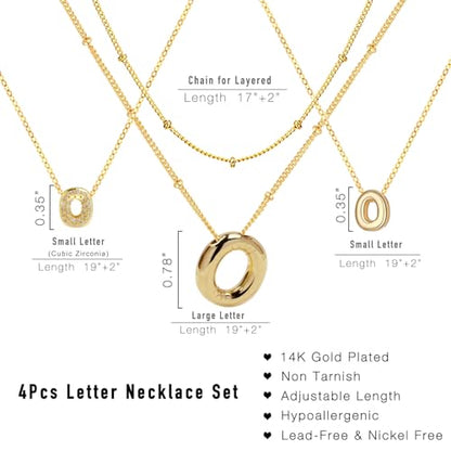 stino 4PCs Bubble Initial Letter Necklace Set, No Tarnish 14K Gold Plated Alphabet Pendant, Jewelry for Women - style: O