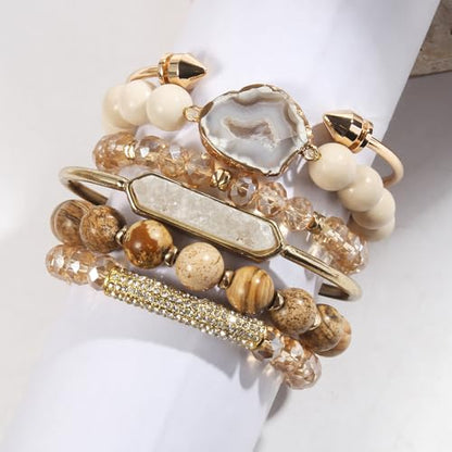 Yomisa 5PCS 6PCS Natural Boho Beaded Bracelets/Bangle for Women Men,Healing Turquoise Jasper Agate Crystal Gemstone Stone Chakra Multilayer Wrap Bohemian Handmade Jewelry Beads Stretch Bracelet Set - color: 6PCS-Caramel