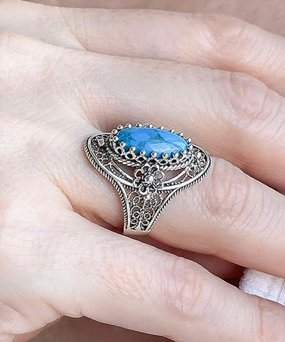 Filigranist 925 Sterling Silver Handcrafted Filigree Art Flower Pattern Woman Oval Statement Ring, Gift Boxed - color: Turquoise