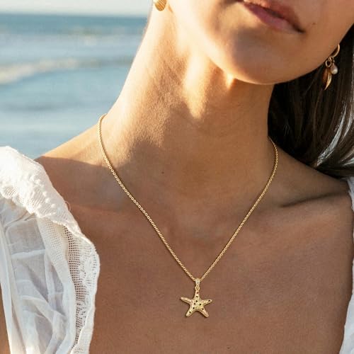 MTMY Gold Starfish Necklace 14K Gold Plated Shell Conch Ocean Pendant Necklace for Women Beach Summer Jewelry - style: mix starfish