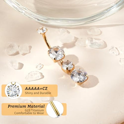 1PC 14G Belly Button Rings G23 Titanium Dangle Belly Piercing Navel Rings CZ Curved Barbell Internally Threaded Dangling Belly Jewelry for Women - color: A-Gold
