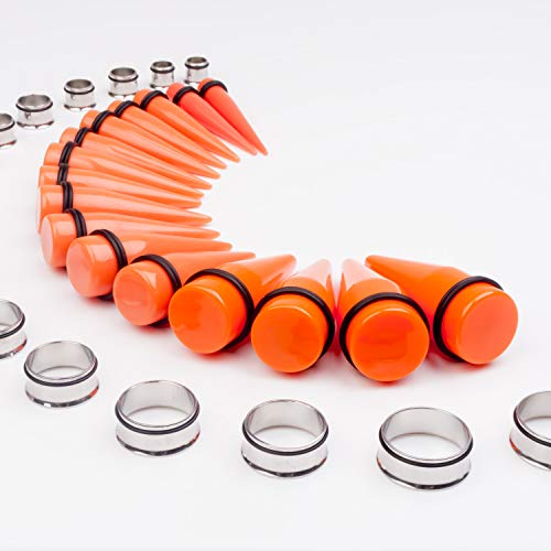 32 PCS 00G - 24mm Ear Taper Kit Gauge Stretching Kit | Hypoallergenic surgical Stainless steel Tapers Tunnels Plugs, body piercing jewelry for women and men - color: Orange