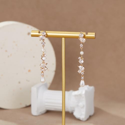 Crysdue Simulated Pearl Earrings for Women, Dainty Silver/Gold/Rose Gold Plated Cubic Zirconia Drop Dangle Earrings Wedding Jewelry for Bride Bridesmaid - style: b_CZ+Pearl, Gold