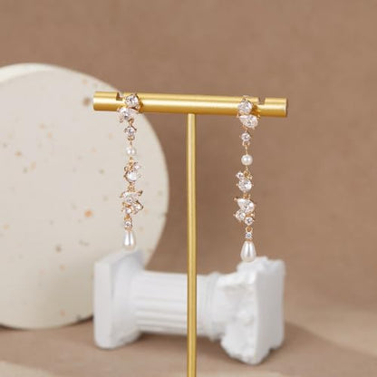 Crysdue Simulated Pearl Earrings for Women, Dainty Silver/Gold/Rose Gold Plated Cubic Zirconia Drop Dangle Earrings Wedding Jewelry for Bride Bridesmaid - style: b_CZ+Pearl, Gold