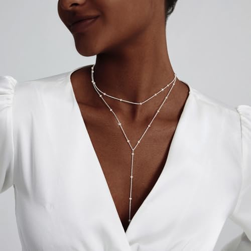 HERIER Lariat Gold Necklace for Women, Dainty Long Necklace 14k Gold Plated/Silver Y-Shaped Layered Beaded Chain Drop Necklaces for Women Trendy Simple Gold Jewelry for Women Gifts - color: Y Layered Pearl Jewelry-Silver