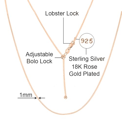 Savlano 925 Sterling Silver 1MM Curb Chain Necklace - 18K Gold Plated Adjustable Bolo 14-24 Inch Link Chain for Women Comes with a Gift Box - Made in Italy - color: Silver Rose Gold Plated