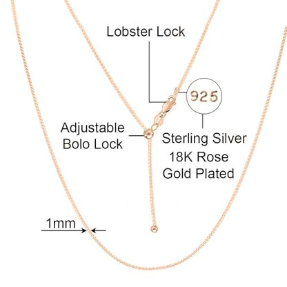 Savlano 925 Sterling Silver 1MM Curb Chain Necklace - 18K Gold Plated Adjustable Bolo 14-24 Inch Link Chain for Women Comes with a Gift Box - Made in Italy - color: Silver Rose Gold Plated