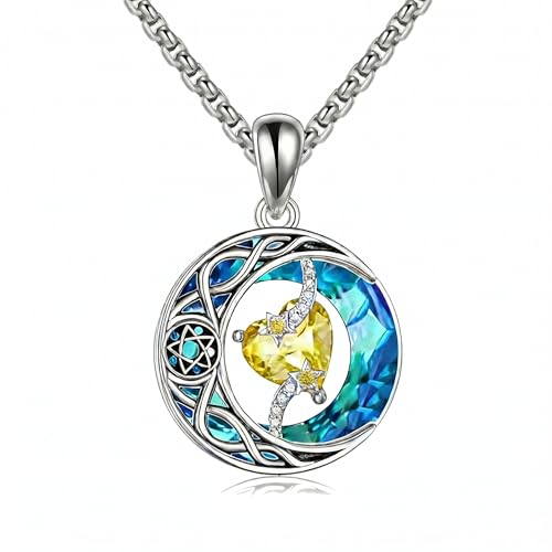 ONEFINITY Moon Star Necklace 18K White Gold Plated Celtic Moon Birthstone Pendant Necklaces Heart Birthstone Anniversary Birthday Jewelry Gifts for Women Wife Mom - style: November