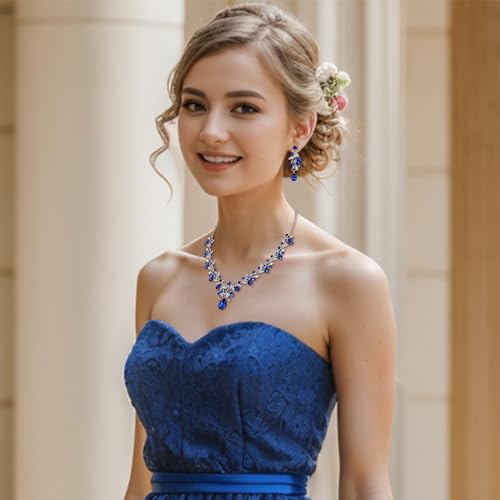 Women's Wedding Jewelry Set Leaf Flower for Bridal Prom Party | Stunning Crystal Teardrop Marquise Cluster Pendant Necklace Dangle Earrings Set for Bride Bridesmaid - color: Royal Blue Silver-Tone