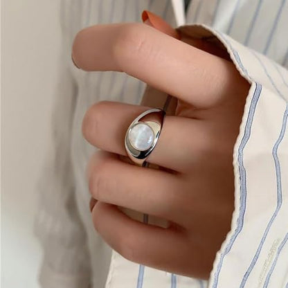 MYNENEY Stainless Steel Round Statement Pinky Signet Rings for Men Women - color: Silver+White