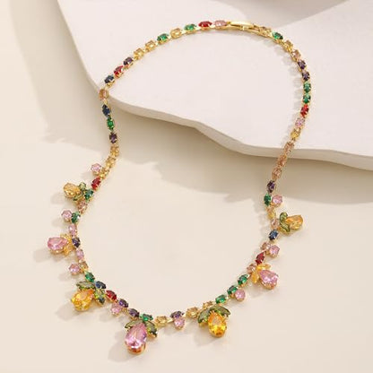 NewZenro Colorful Crystal Flower Teardrop Leaf Tennis Necklace for Women Gold-Tone Dainty Sparkling Rainbow Multicolor Rhinestone Cubic Zirconia Choker Necklaces Bride Wedding Party Fashion Jewelry