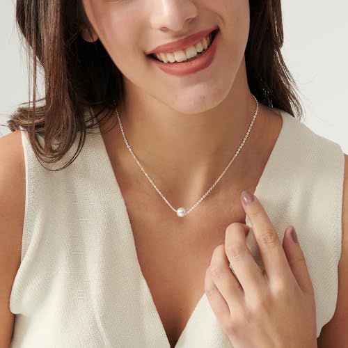 Pearl Necklace for Women- 14K Gold-plated/White Gold-plated Dainty Pearl Necklace for Women - color: Silver single pearl