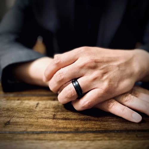 Elegant 6mm/8mm Brushed Satin Finish Black Tungsten Carbide Band Ring w/Cool Thin Blue Line Stripe & Polished Beveled Edges feat. Comfort Fit Inner Band.