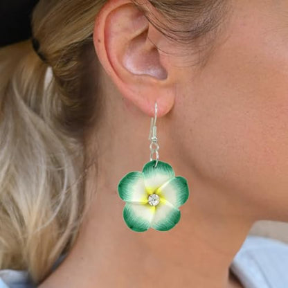 Floral Dangle Earrings for Women Hawaiian Tropical Plumeria Rubra Flower Drop Earrings with Cubic Zirconia Luau Beach Party Vacation Hawaiian Accessories Jewelry Gift - color: Green