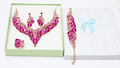 Jewelry Set for Women, Statement Necklace Dangle Earrings Bracelet Ring, White/KC Gold Plated Jewelry Set with Rhinestone Pearl Crystal Wedding Party Jewelry for Bridal Bridesmaid - color: Rose Red-Gold Plated