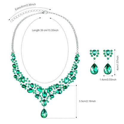 Hicarer Bridal Teardrop Cluster Crystal Jewelry Set for Women Necklace Earrings Wedding - color: Malachite Green