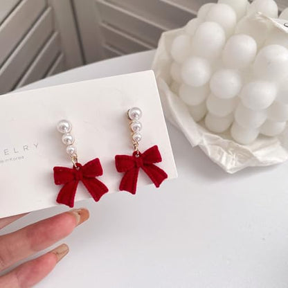 Pearl Bow Earrings for Women Coquette Aesthetic Jewelry Rhinestone Bow Earrings for Bridesmaids Wedding Party Accessories Bridal Costume Accents Bowknot Themed Gifts - color: J1: Red Bow Pearl Earrings
