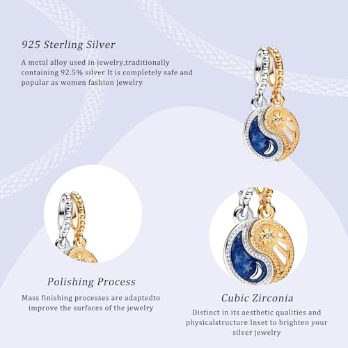 14K Gold Plated Silver Charms for Pandora, Women Heart Family Love Pet Animal Bead Dangle for Bracelets Necklace Jewelry Gift - color: B-Two-Tone Splittable Sun and Moon