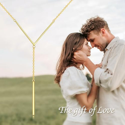 Hancock Sterling Silver Long Bar Necklace Y Shape Necklace for Women Gold Plated Drop Lariat Chain Necklace Minimalist Jewelry