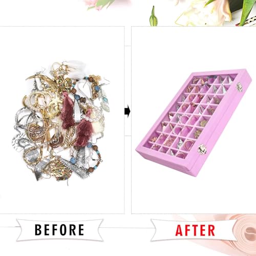 Siveit Velvet Jewelry Tray 48 Grid Jewelry Display Tray Organizer Box with Transparent Lid Rings Earrings Necklaces Pendants Display Box Suitable for Women and Girls (Pink) - color: Pink