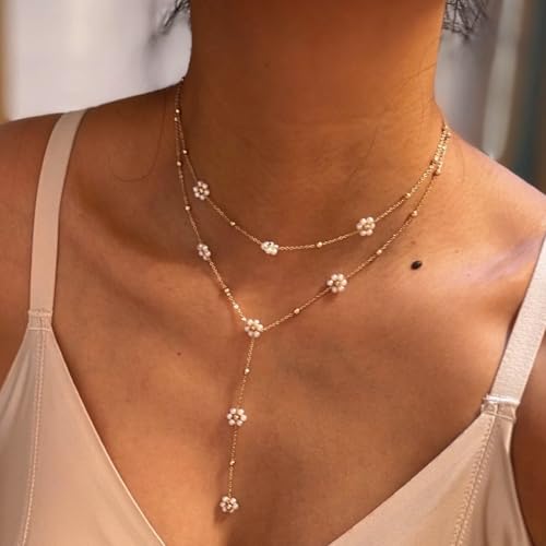 Dainty Layered Pearl Choker Necklace for Women Dainty Chain Necklaces Daisy Pearls jewelry Valentine Day Graduation Bride Gifts - color: daisy flower pearl