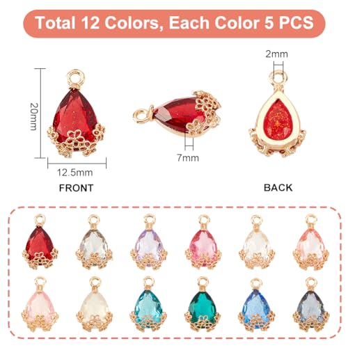 PH PandaHall 60pcs Teardrop Pendants, 12 Colors Transparent Faceted Charms Resin Crystal Pendants with Light Gold Alloy Accessory for Necklace Earring Bracelet Jewelry Craft Making, 20x12.5mm